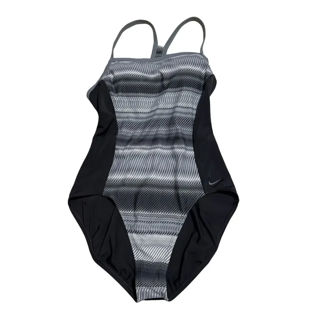 Nike Swimsuit One Piece Gray Black Striped Women's Size XL Swimming Bathing Suit